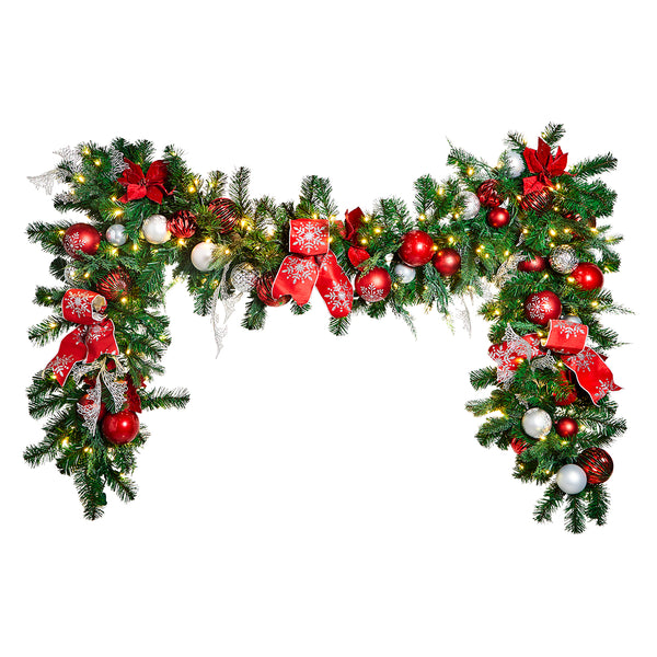 Designer Collection, Pre-Decorated Garland, 18" x 3', Red and Silver, with Warm White (WW) LED Mini Lights, (3/case)