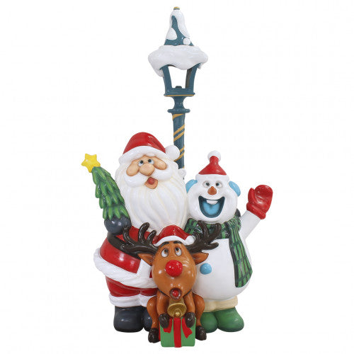 Santa, Snowman, Reindeer Trio Singing on Light Post