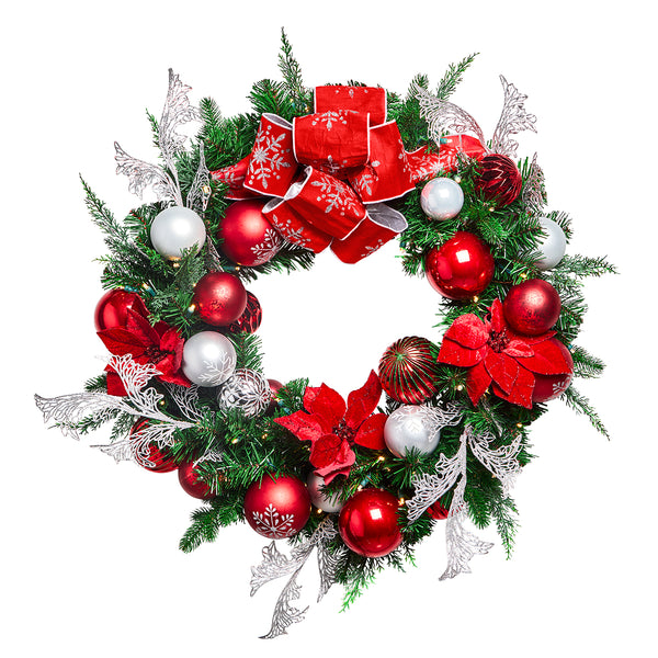 Designer Collection, Pre-Decorated, Wreath, 30", Red and Silver, Warm White (WW) LED Mini Lights, (2/case)