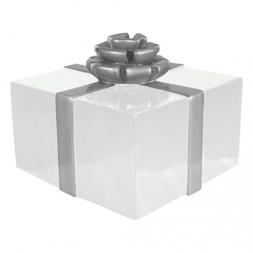 13.77" Square Gift Box White with Silver Bow and Ribbon