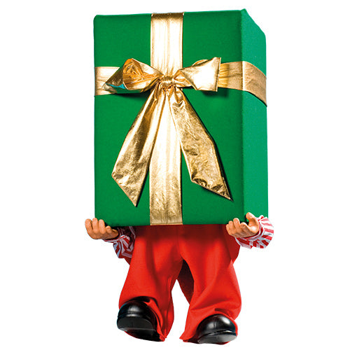 Santa's Helper with present box over his head.