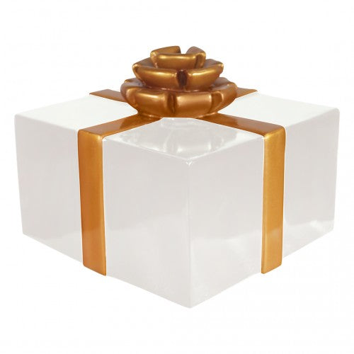 13.77" Square Gift Box White with Gold Bow and Ribbon