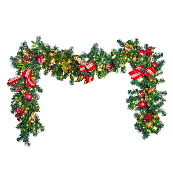 Designer Collection, Pre-Decorated Garland, 18" x 9', Red and Gold, with Warm White (WW) LED Mini Lights, (3/case), Interior/Exterior Use