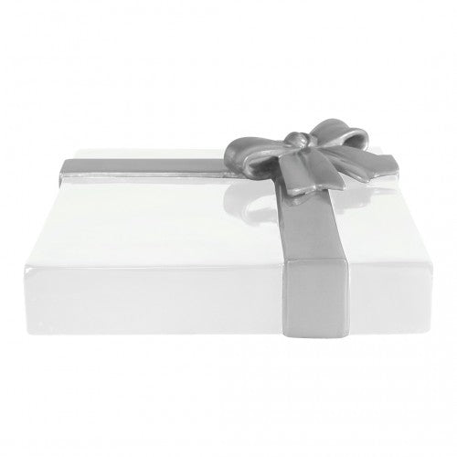 13.77" Flat Gift Box White with Silver Bow and Ribbon