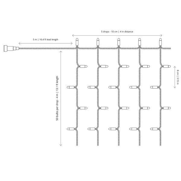 Twinkly Pro 5X50L RGB Curtain, 4" Spacing, Clear Wire