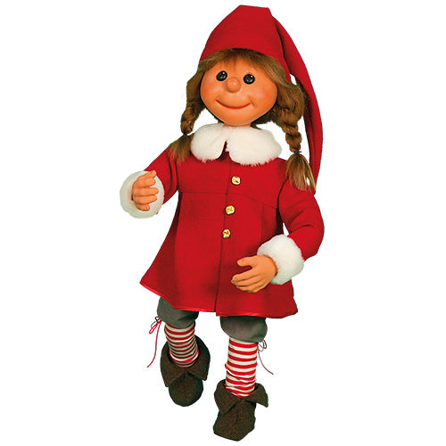 Puppet Girl Santa, standing on one leg.