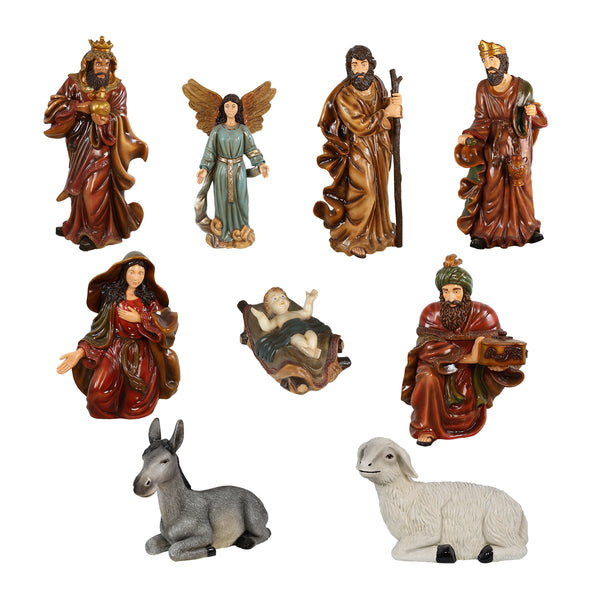 9 Life Size Nativity Scene Life Forms, 1 Each, Angel, Baby Jesus, Donkey, Lamb, Joseph, King Balthazar, King Gaspar, King Melchoir, and Mary.